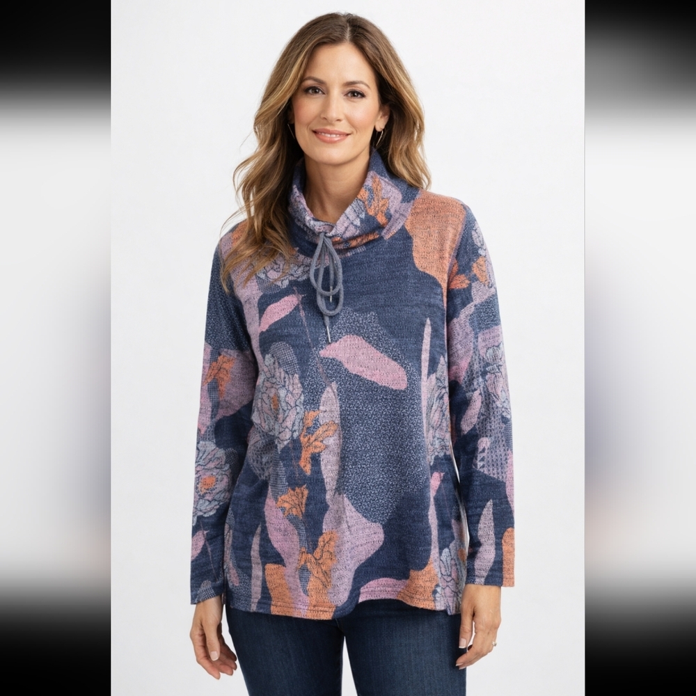 Periwinkle by Barlow Multicolour Floral Patchwork Cowl Neck Sweater Drawstring